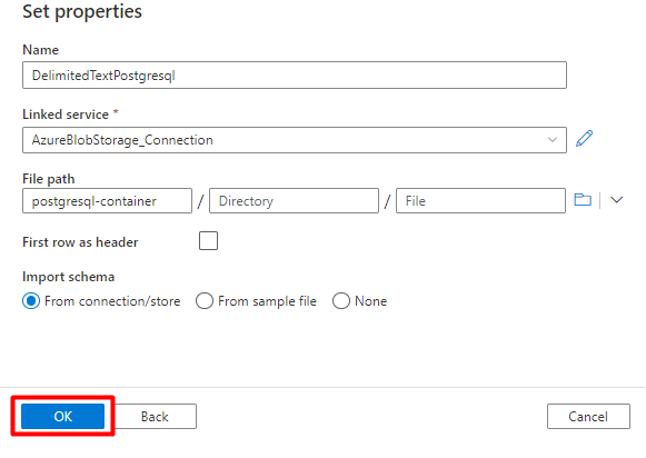 Zrzut ekranu przedstawiający sposób ustawiania właściwości bazy danych PostgreSQL dla zestawu danych w Azure Data Factory.