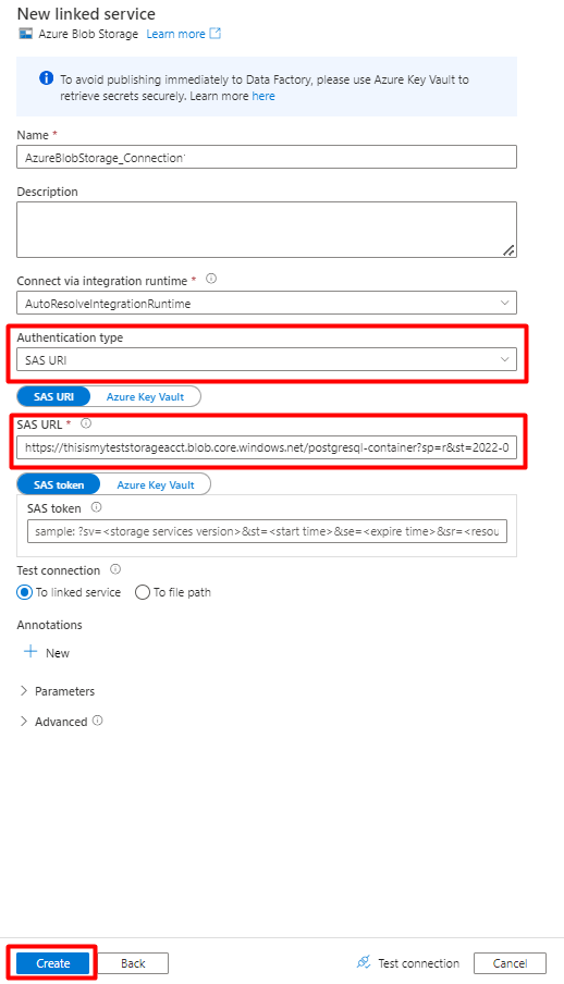 Zrzut ekranu przedstawiający sposób wypełniania formularza Nowa połączona usługa wyszukiwania w Azure Data Factory z właściwościami do importowania z bazy danych PostgreSQL.