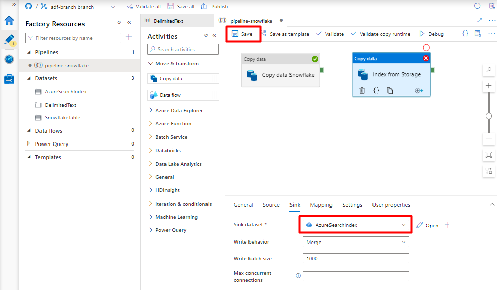 Zrzut ekranu przedstawiający sposób konfigurowania ujścia w potoku w celu zaimportowania danych z magazynu obiektów blob do indeksu Azure Cognitive Search jako ostatniego kroku z potoku.