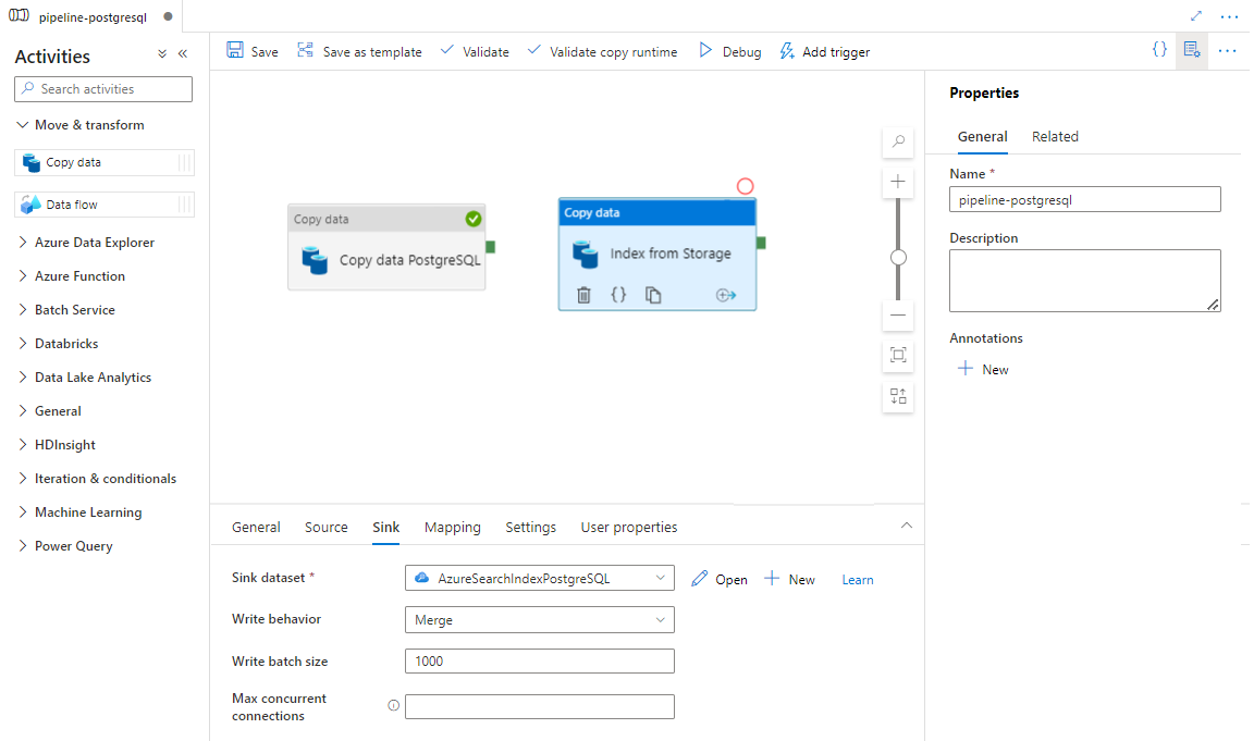 Zrzut ekranu przedstawiający sposób konfigurowania ujścia na potrzeby indeksowania z usługi Storage do indeksu Azure Cognitive Search.