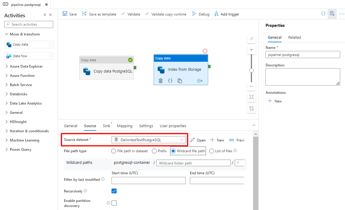 Zrzut ekranu przedstawiający sposób konfigurowania źródła na potrzeby indeksowania z usługi Storage do indeksu Azure Cognitive Search.