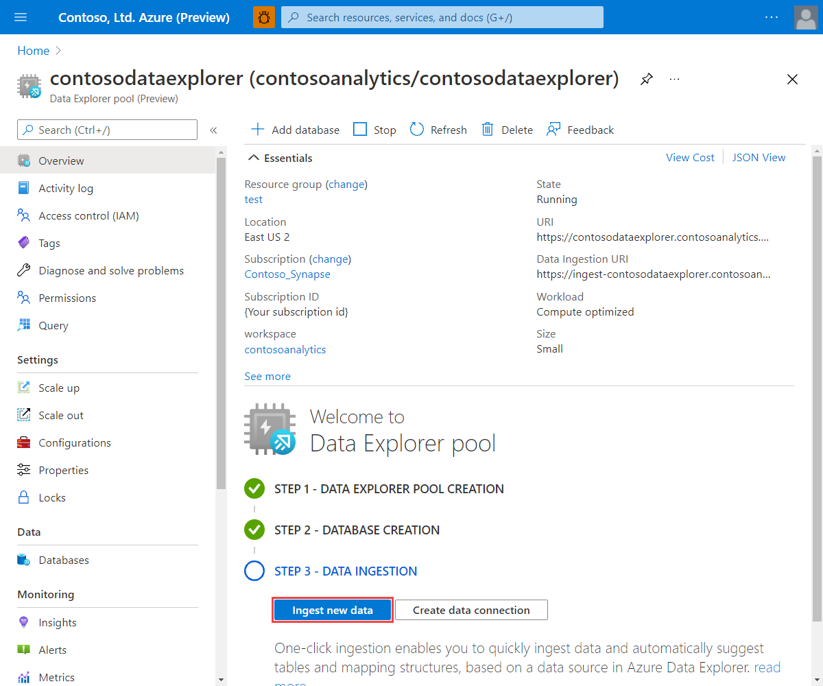 Zrzut ekranu witryny Azure Portal przedstawiający otwieranie usługi Azure Data Explorer w kontekście określonej puli.