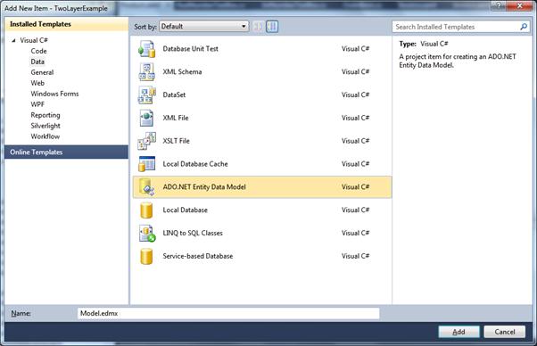 Rysunek 3. Dodawanie Entity Data Model.