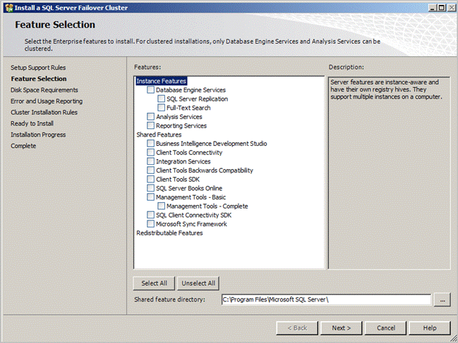 Wybór komponentów SQL Server