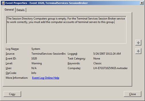 Rys. 5b. Zdarzenie informujące o pustej grupie ‘Session Directory Computers’, Windows Server ‘Longhorn’ Beta 3.
