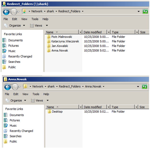 Przykładowa struktura zasobu przechowującego foldery przekierowane