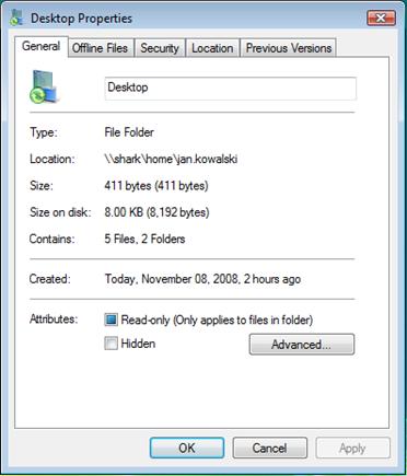 Właściwości katalogu Desktop użytkownika z włączoną funkcją przekierowania folderów