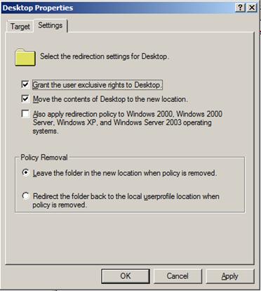 Opcje konfiguracji podstawowej folderów przekierowanych na zakładce Settings