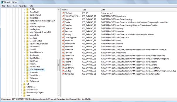 Gałąź rejestru HKEY_CURRENT_USERS w Windows Server 2008 zawierająca wpisy w User Shell Folders