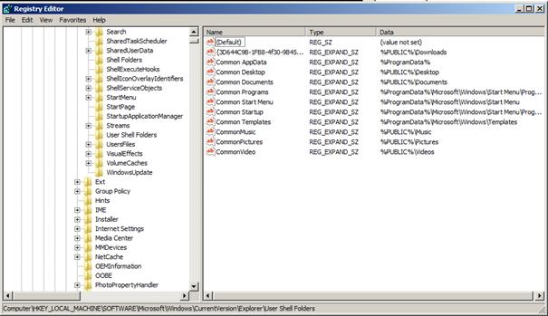 Gałąź rejestru LOCAL_MACHINE w Windows Server 2008 zawierająca wpisy w User Shell Folders