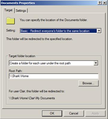 Konfiguracja przekierowania folderów w scenariuszu 1