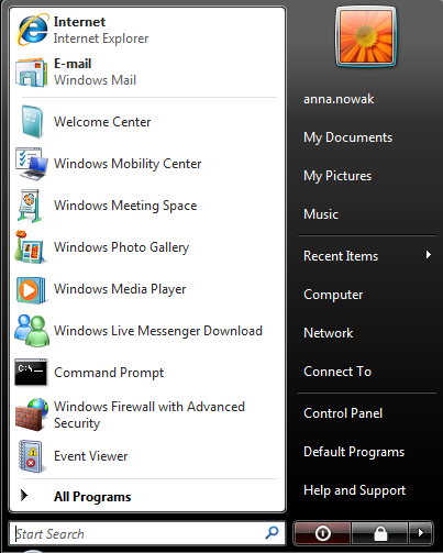 Menu Start użytkownika Windows Vista z przekierowanymi folderami z przedrostkami My