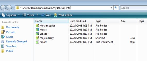 Ścieżki UNC do katalogu My Documents użytkownika Windows Vista