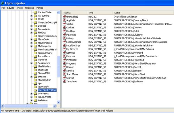 Gałąź rejestru w Windows XP zawierająca wpisy w User Shell Folders po zastosowaniu przekierowania wybranych folderów