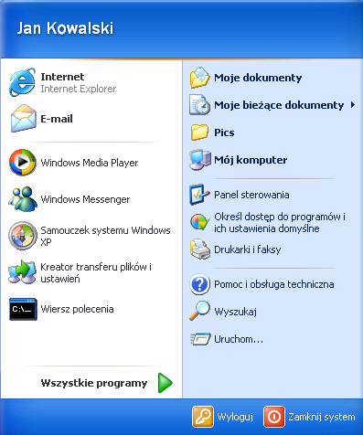 Menu Start użytkownika Windows XP po pierwszym zalogowaniu (scenariusz 3 i 4)