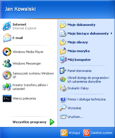 Menu Start użytkownika Windows XP po wcześniejszym zalogowaniu się do Windows Vista (scenariusz 3 i 4)