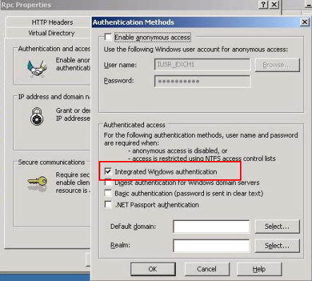 Rys. 3.2. Ustawienia zakładki – Authentication Method na folderze wirtualnym /RPC.
