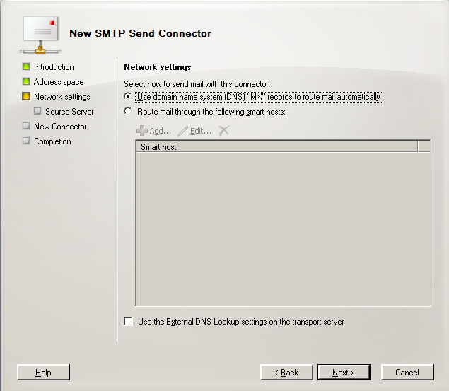 Rys. 3. New Send Connector - Network settings