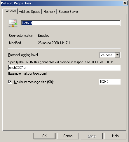 Rys. 5. New Send Connector z parametrem FQDN