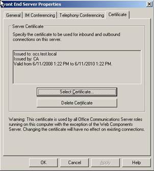 Front-End Server Properties - zakładka Certificate