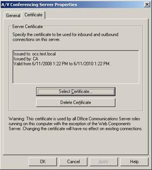 A/V Conferencing Server Properties – zakładka Certificate