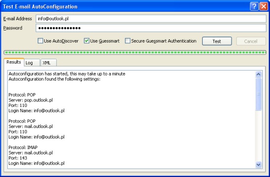 Test usługi Autokonfiguracji dla kont internetowych POP3/SMTP/IMAP. Ustawienia serwera pocztowego są wykrywane na podstawie podanego adresu SMTP oraz hasła