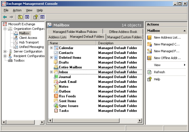 Administrator może tworzyć zasady dla zarządzanych folderów korzystając z konsoli Exchange Management