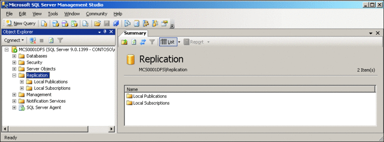 Rys. 6. Narzędzie SQL Server Management Server: folder Replication.