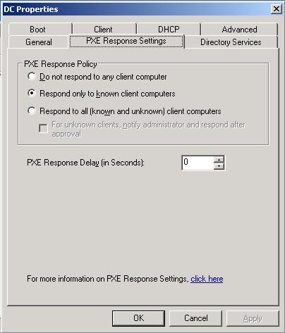Rys. 16. Okno konfiguracyjne odpowiedzi klientom PXE. Opcje omawiane były wcześniej.