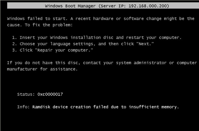 Rys. 16. Błąd startu systemu Windows PE 2.0 spowodowany zbyt małą ilością pamięci RAM.