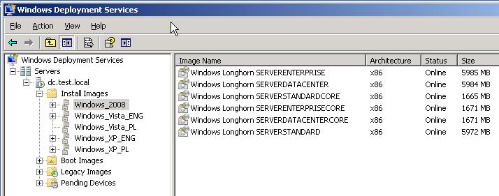 Rys. 6. Kontener z obrazami typu Install Image dla dodanego przykładowego obrazu Systemu Windows Server 2008.