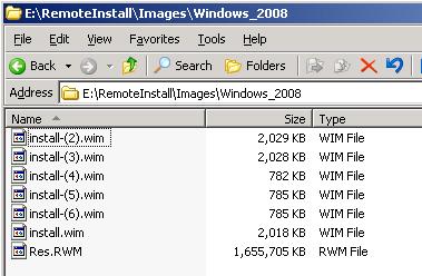 Rys. 7. Zawartość folderu …RemoteInstall\Images\Windows_2008 ze zmodyfikowanymi obrazami .wim dla dodanego przykładowego obrazu Systemu Windows Server 2008.
