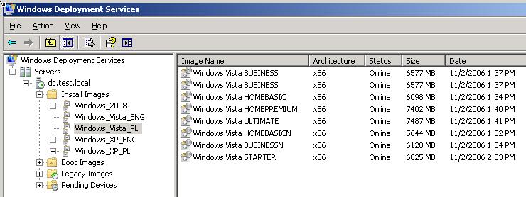 Rys. 11. Kontener z obrazami typu Install Image dla dodanego przykładowego obrazu Systemu Windows Vista.
