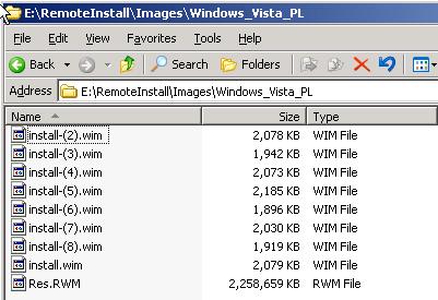 Rys. 12 Zawartość folderu …RemoteInstall\Images\Windows_Vista_PL ze zmodyfikowanymi obrazami .wim dla dodanych przykładowych obrazów Systemu Windows Vista.