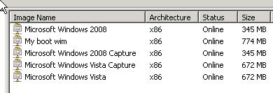 Rys. 27. Lista obrazów typu Boot Image z dodanymi obrazami przechwytywania dla Windows Vista i Windows Server 2008.