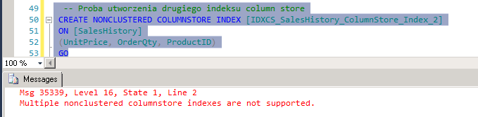 Błąd tworzenia indeksu column store dla tabeli, dla której istnieje już taki indeks