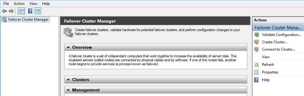 Okno Failover Cluster Manager na hoście Server 1