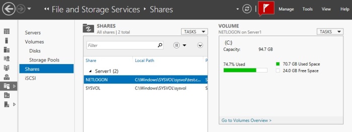 Widok sekcji File and Storage Services w Windows Server 2012
