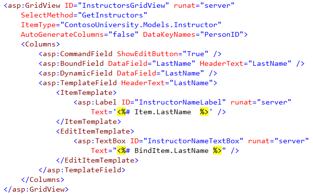 DynamicField, BoundField, and TemplateField markup