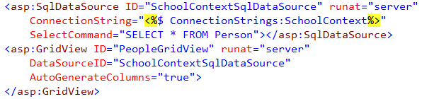 SqlDataSource control markup