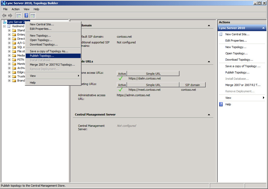 Topology Builder Publish Topology menu