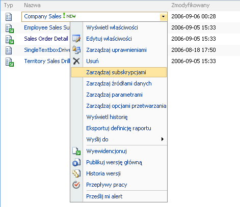 Polecenia menu dla elementów serwera raportów