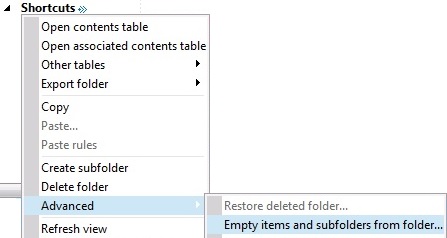 Zrzut ekranu przedstawiający opcję Puste elementy i podfoldery z folderu w menu kliknij prawym przyciskiem myszy.