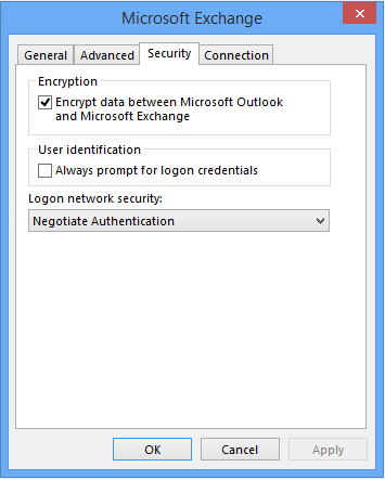 Zrzut ekranu przedstawiający kartę Zabezpieczenia okna dialogowego programu Microsoft Exchange.