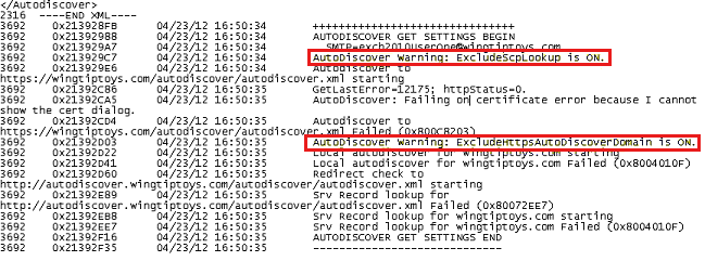 Zrzut ekranu pokazuje plik dziennika, w którym włączone są zarówno ExcludeScpLookup, jak i ExcludeHttpsAutoDiscoverDomain.