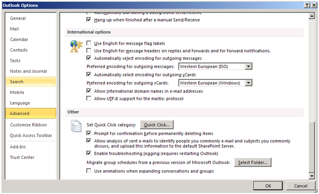 Zrzut ekranu przedstawiający kartę Zaawansowane w obszarze Opcje programu Outlook.