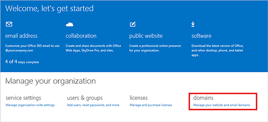 Zrzut ekranu przedstawiający opcję Domeny w Centrum administracyjne platformy Microsoft 365.