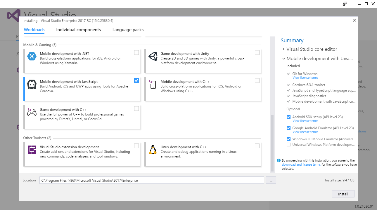 Customizing Cordova Tools Installation