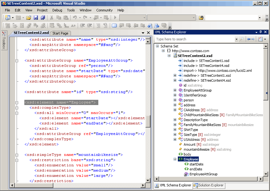 View of the XML Schema Explorer