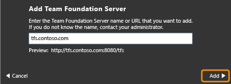 Wprowadź nazwę serwera Team Foundation.